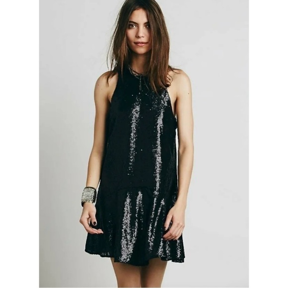 Free People Liquid Shine Black Sequin Drop Waist Mini Dress Sz. Medium - Picture 1 of 17